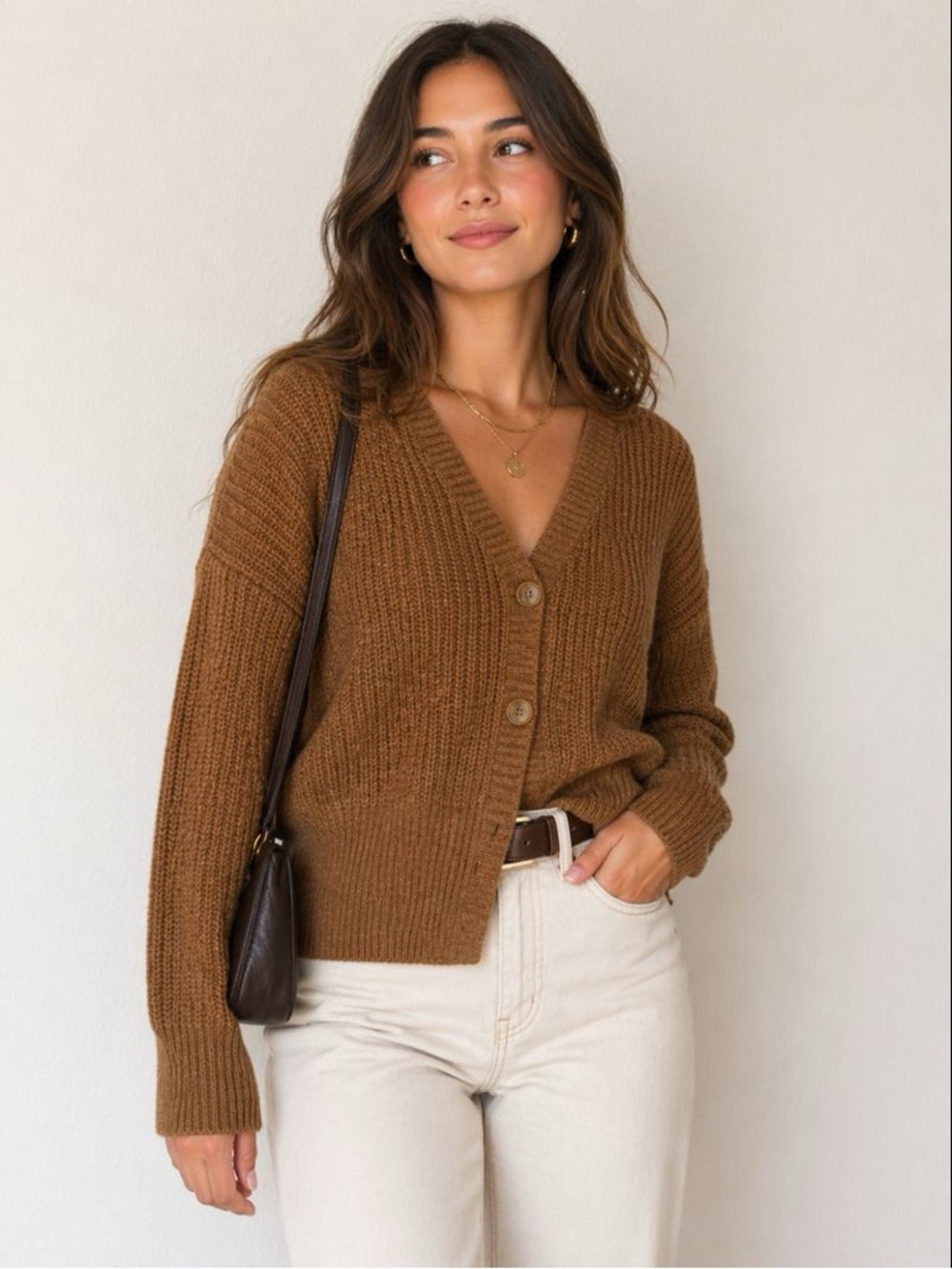 Nine West Brown Button-Up V-Neck Cardigan. Size XS